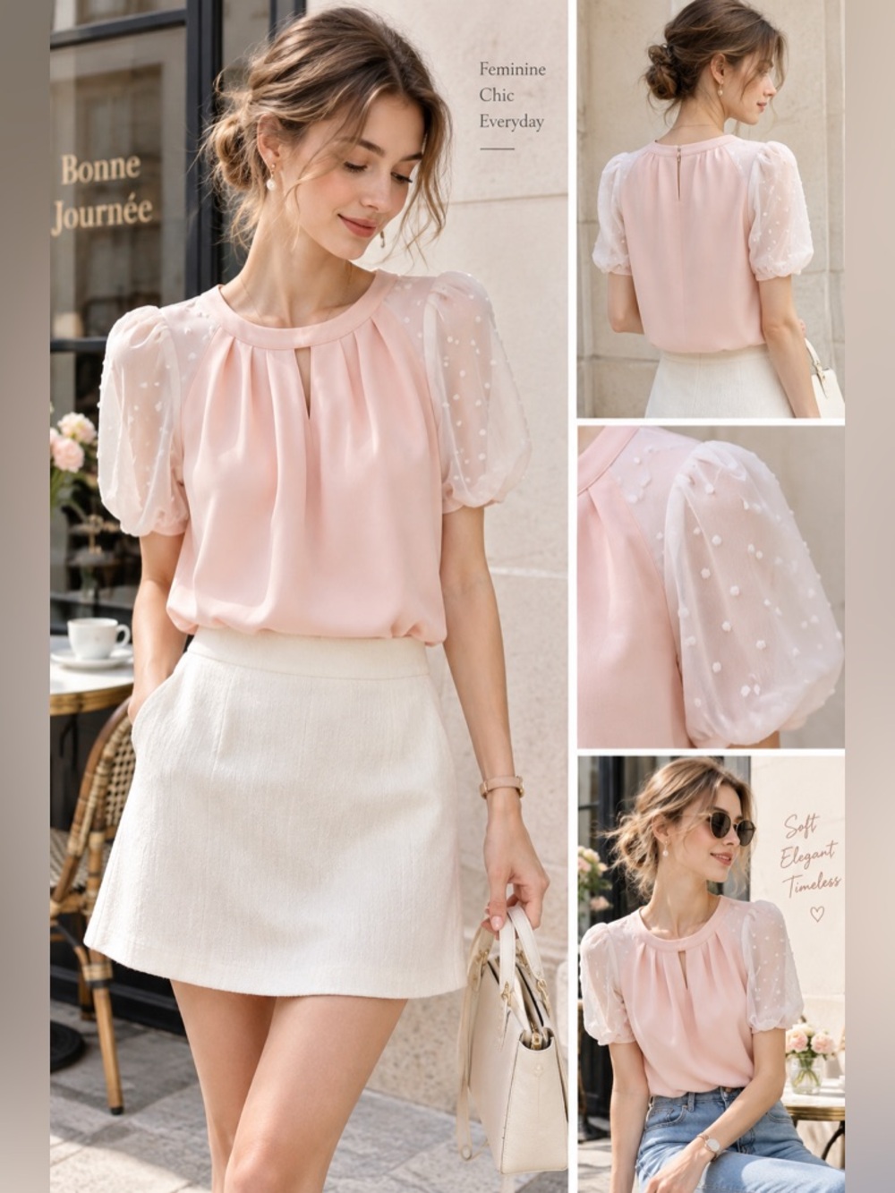 Bebe‎ Pale Pink Puffled Dot Sleeves  Size M